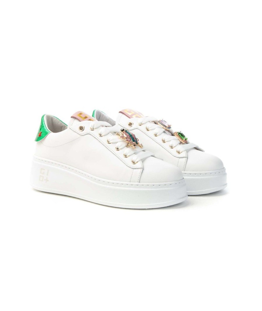 Donna GIO+ | Gio+ Pia144A Sneakers Donna Bijoux Ranocchio E Cabochon Leone Shoes Fr White/Green/Rosa