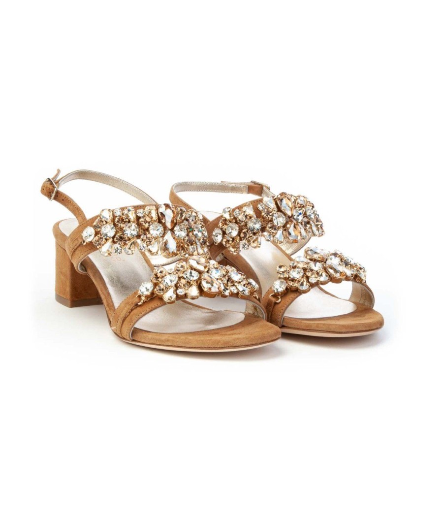 Donna EDDI CUOMO | Eddicuomo B16/379 Sandalo 2 Fasce Strass Tacco 50 Leone Shoes Cuoio