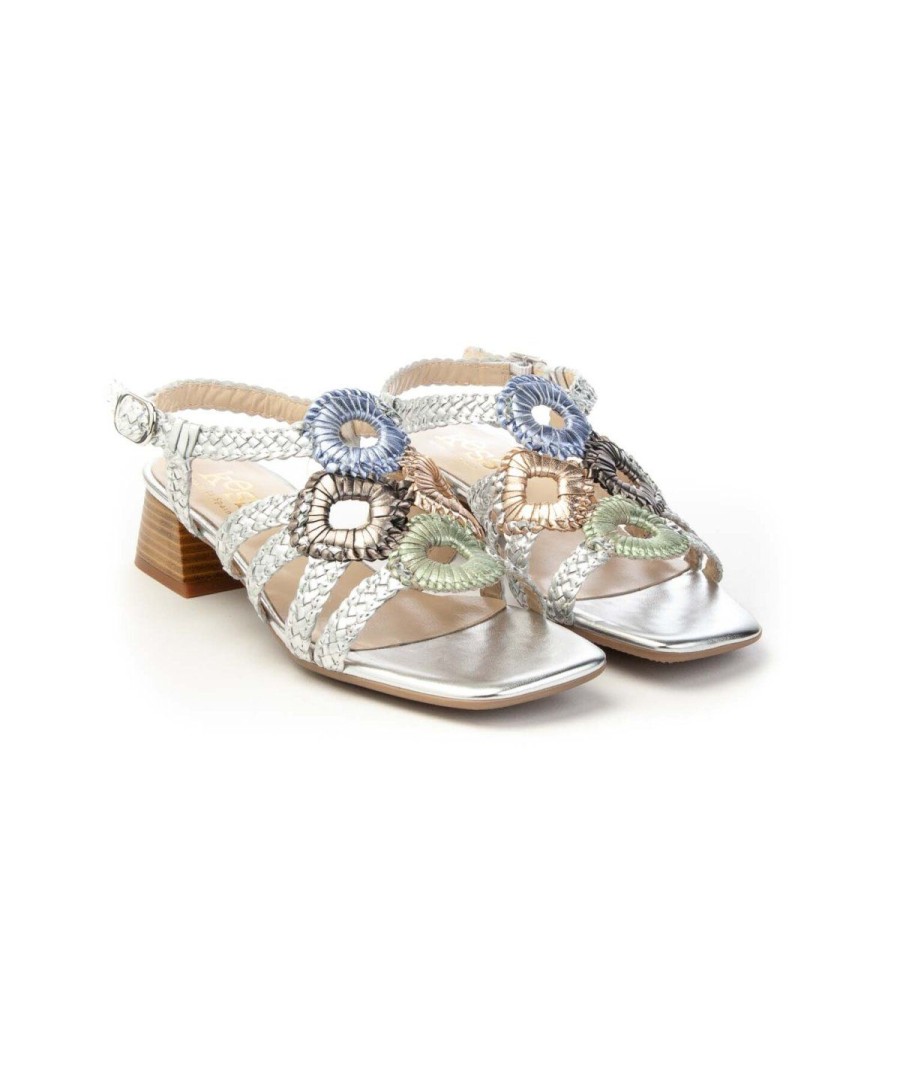 Donna KESS | Kess 21037 Sandalointreccio Pelle Leone Shoes Frosinone Silver