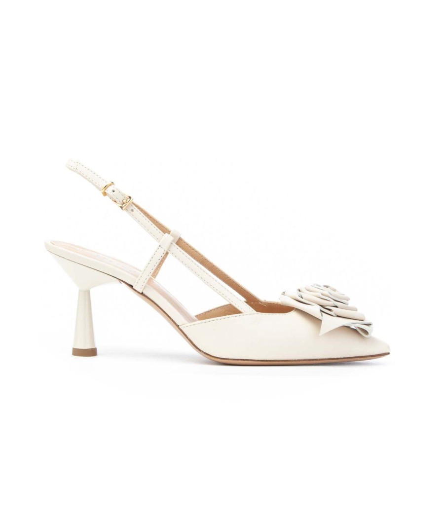 Donna ROBERTO FESTA | Roberto Festa Nuvola Nappa Slingback Fiore Tacco 70 Leone Shoes Panna