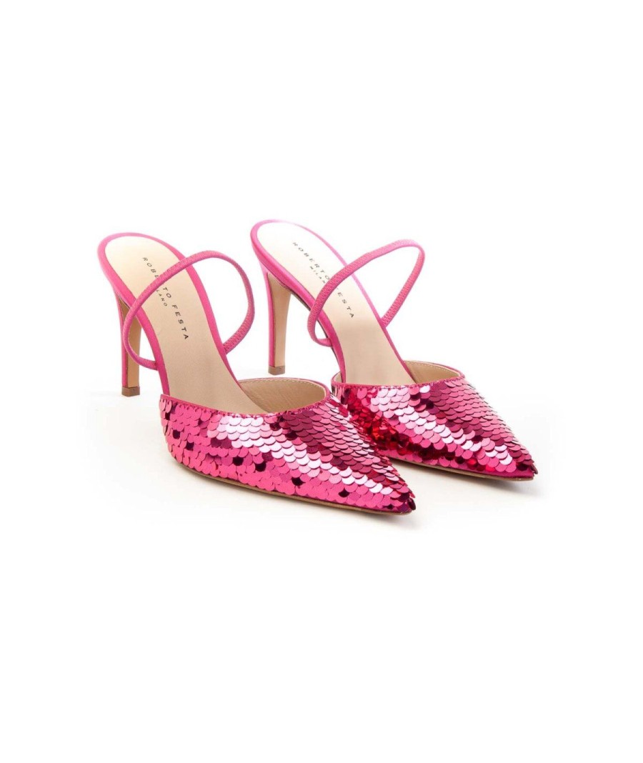 Donna ROBERTO FESTA | Slingback In Raso Di Seta Con Paillettes Posik Leoneshoes Fuxia